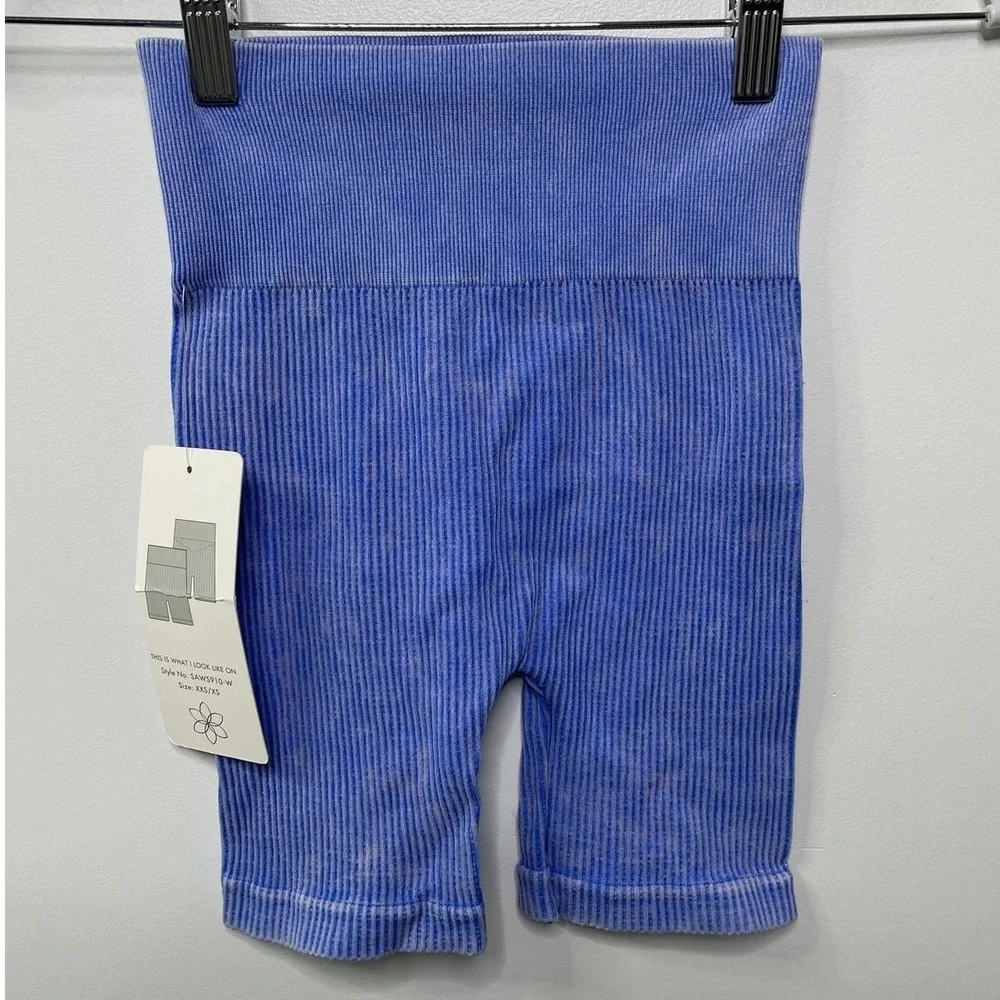 Aura Blue Athleisure Ribbed High Waisted Biker Shorts XXS‎ XS SAWS910-W New